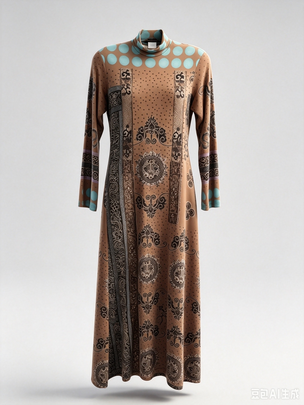 Issey Miyake Brown and Aqua Printed Long Sleeve Maxi Dress